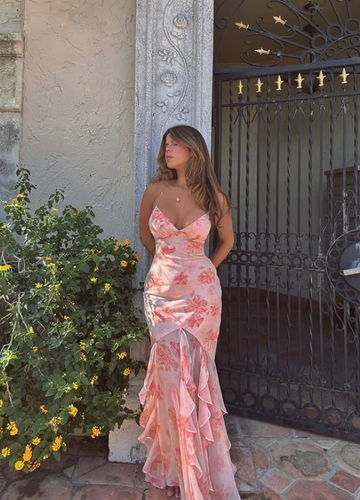 Sexy Pink Mermaid Spaghetti Strap Print Floral Chiffon Prom Dress Party Dress HZ1023